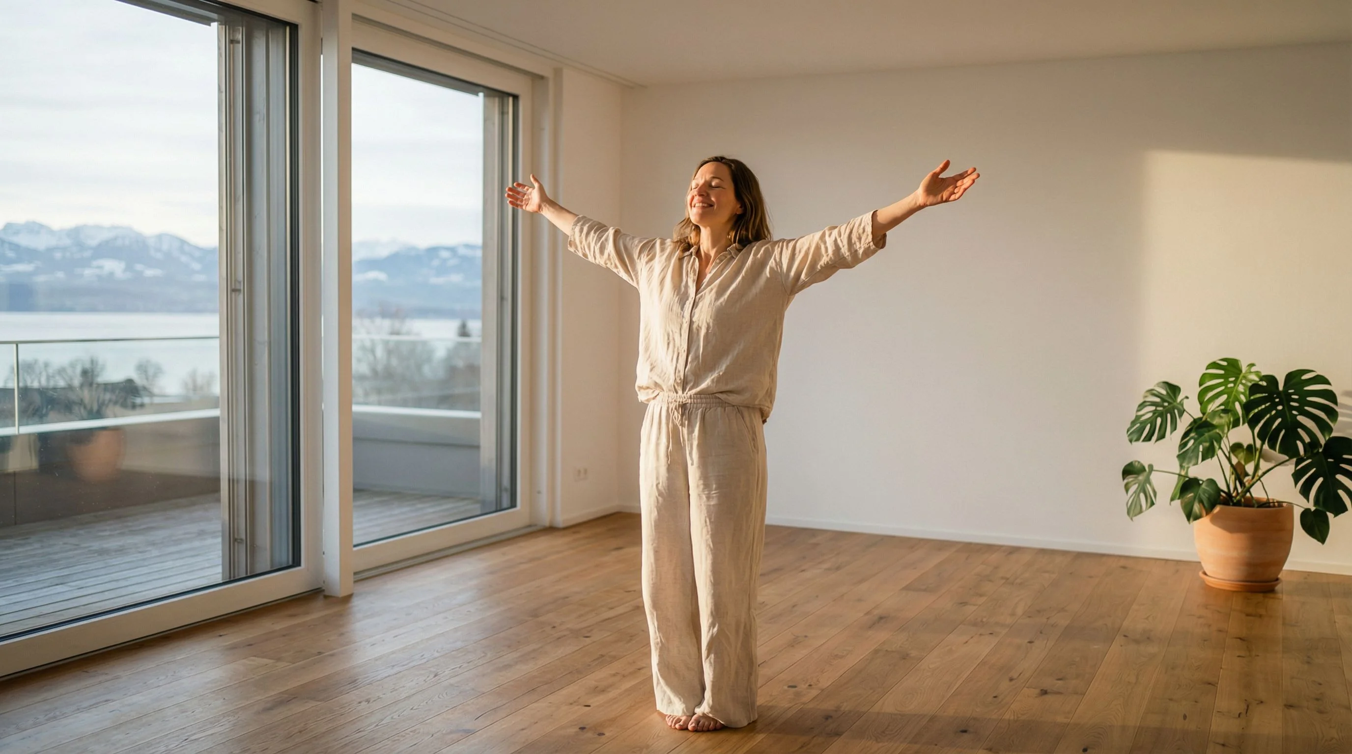 Person breitet Arme aus im sonnendurchfluteten leeren Raum - der Befreiungsmoment