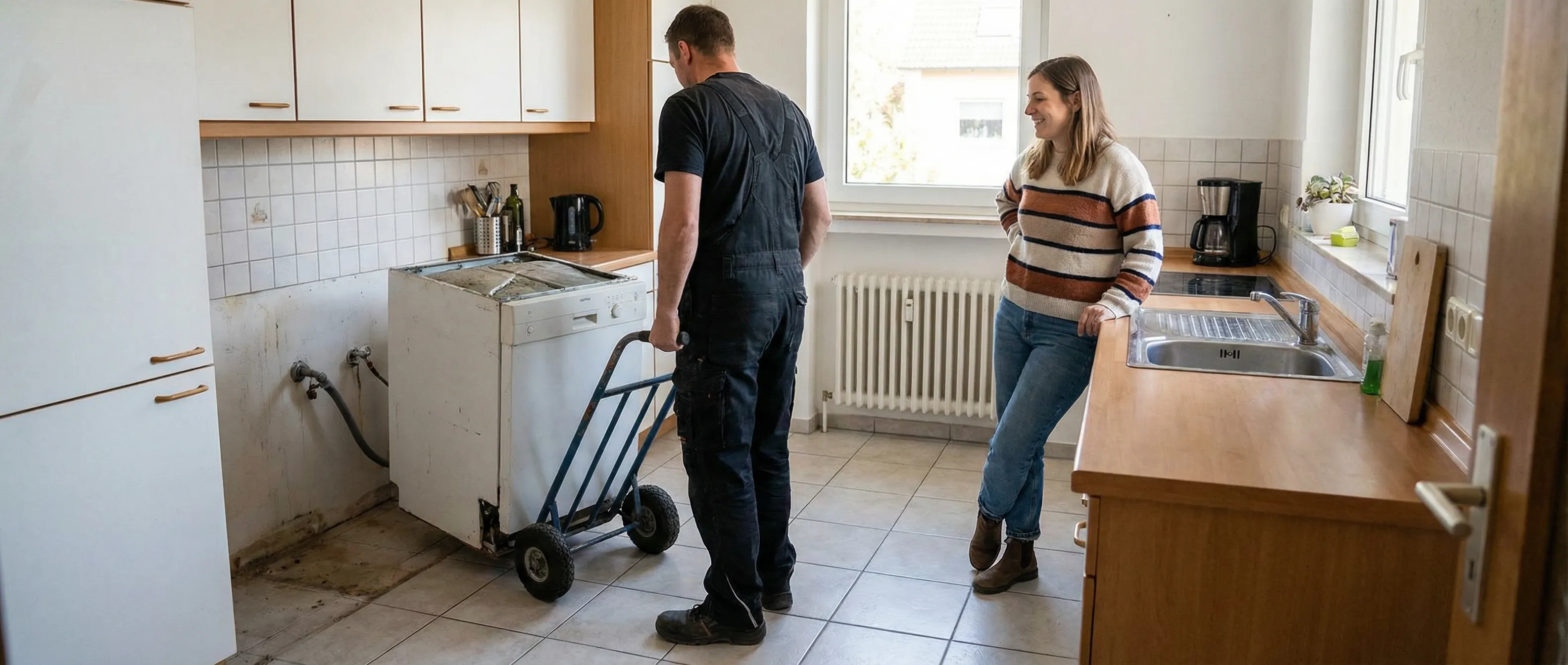 KLAR.Raum Mitarbeiter transportiert alten Geschirrspüler auf Sackkarre aus Küche, zufriedene Kundin lächelt