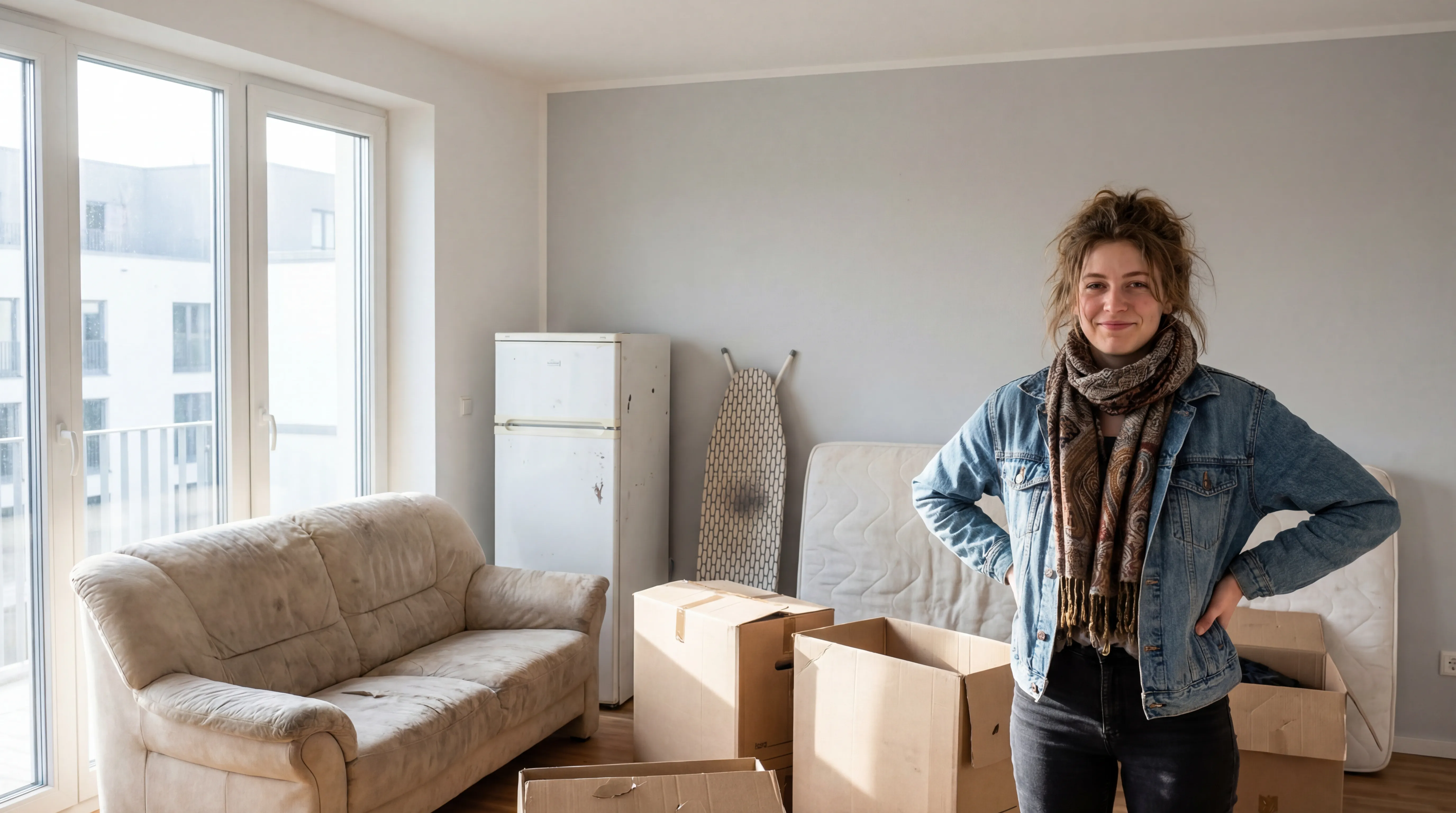 Frau steht in Wohnung mit Sperrmüll - Sofa, Kühlschrank, Matratze warten auf Abholung